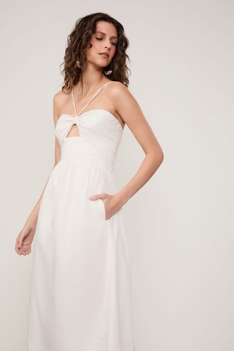 Vestido De Algodão Midi Off Busto Franzido Off White - 44