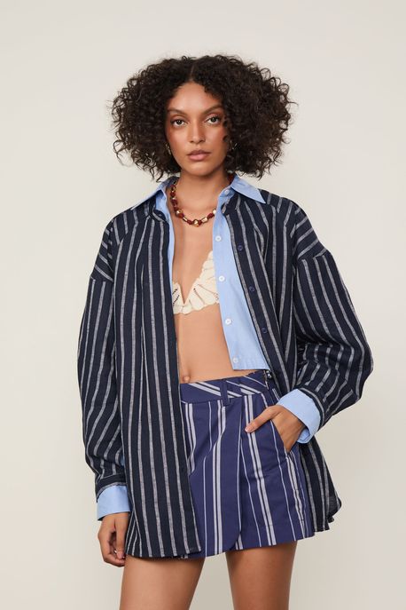 Short Saia Listras Largas Marinho Azul Ancora/ Azul Claro - 38