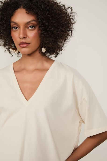 T-Shirt De Malha Decote v Off White - G