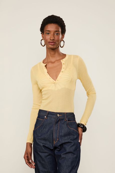 Blusa De Tricot Leve Com Gola Portuguesa Amarelo Papiro - M