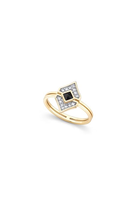 Anel Flapper Ouro Amarelo Com Diamante / Quartzo Negro - 17