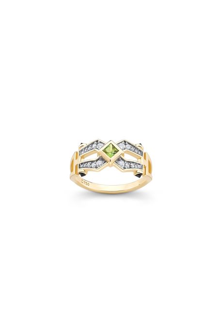 Anel Art Deco Ouro Amarelo Com Turmalina Verde / Diamante / Espinélio Negro - 17