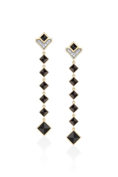 Brinco Flapper Longo Ouro Amarelo Com Quartzo Negro / Diamante - U