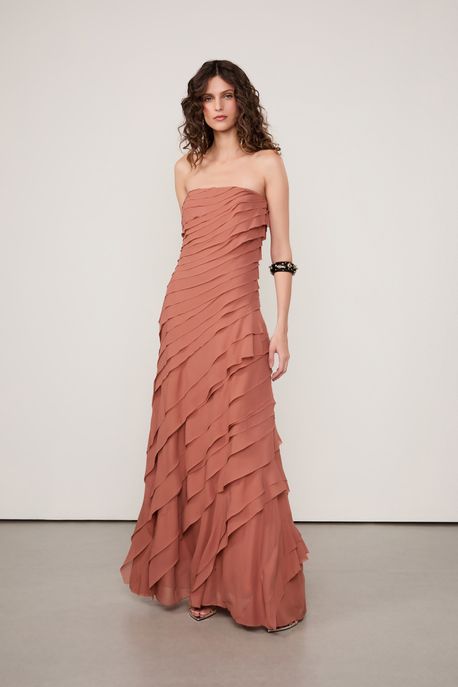 Vestido De Georgette Em Camadas Longo Sem Alças Bronze Light Bronze Light - 38