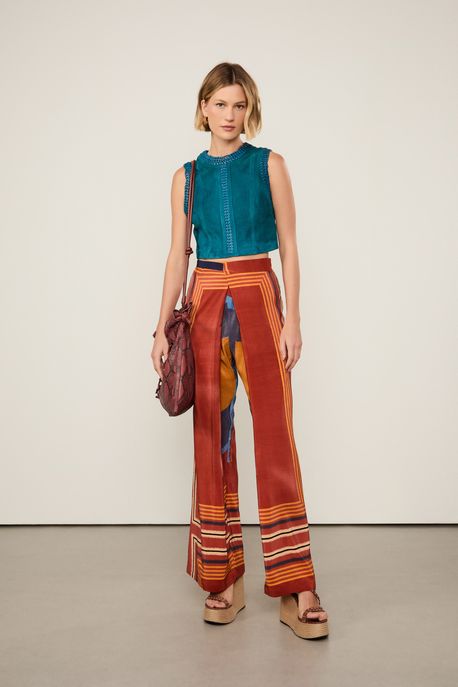 Calça De Seda Ampla Cós Amarração Estampada Est Lenco Quadri Nautico - 44