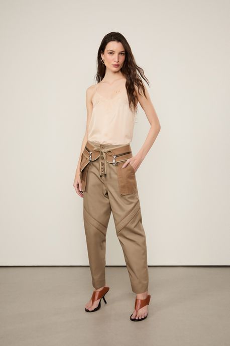 Calça De Sarja Detalhes Vivo Cintura Média Caqui/ Marrom Tan/ Cinza Ash - 36