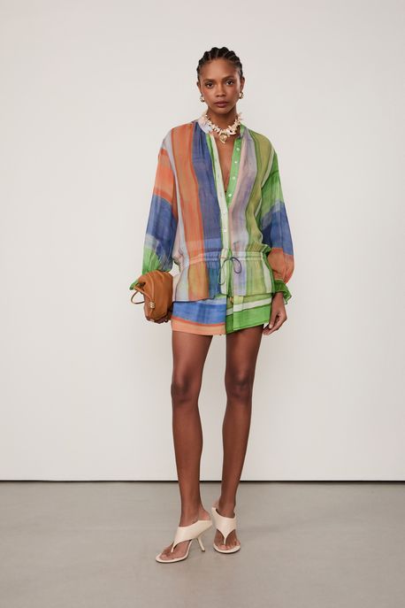 Camisa De Georgette Leve Manga Longa Estampada Est Listra Foz Color p - 36