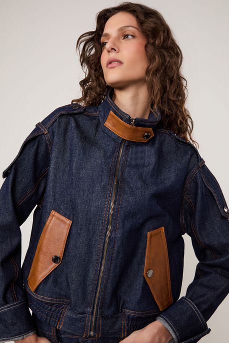 Jaqueta Jeans Raw Mix Couro Jeans Escuro - G