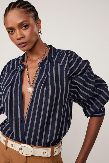 Camisa De Cambraia Listra Marinho Azul Marinho C/ Listra Branca - P