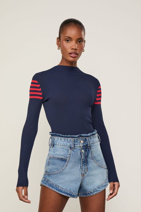 Blusa De Tricot Manga Longa Com Listras Ombro Azul Ancora/ Vermelho Flame - P