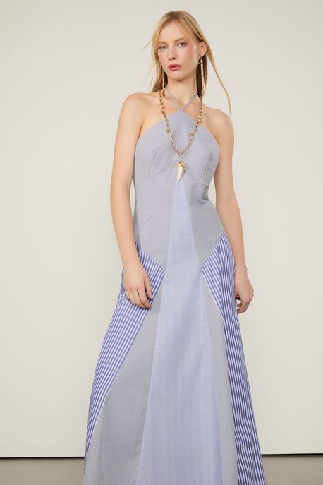 Vestido De Tricoline Mix Listras Azul/ Off White - 40