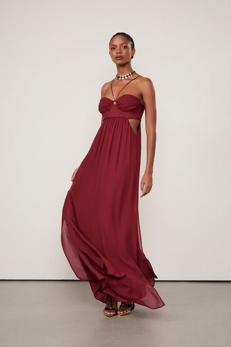Vestido De Georgette De Alças Com Transparência Marrom Taipas Marrom Taipas - 34