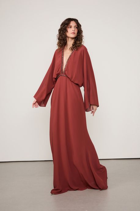 Vestido De Georgette Longo Decote Profundo Marrom Pimenta Marrom Pimenta - 36