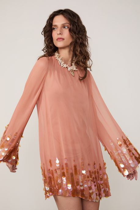 Vestido De Georgette Curto Manga Longa Com Paete Bronze Light Bronze Light - P