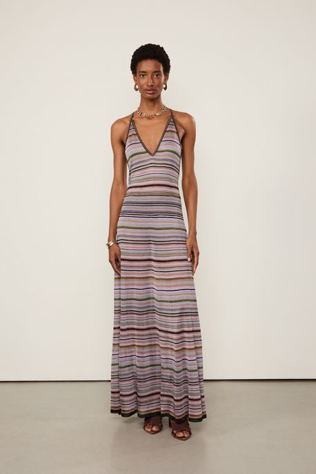 Vestido De Tricot Longo Decote v Listrado Com Hotpants Combinação Multicolorido - M