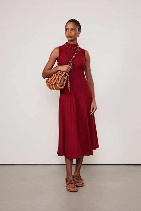 Vestido De Tricot Midi Com Detalhe Tressê Marrom Taipas - M