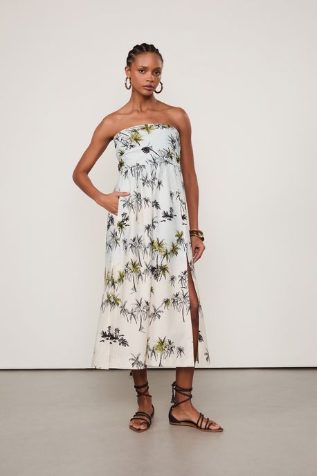 Vestido De Algodão Midi Sem Alça Com Fenda Estampado Est Bar Fig Coqueiros Flow e Oasis - 34