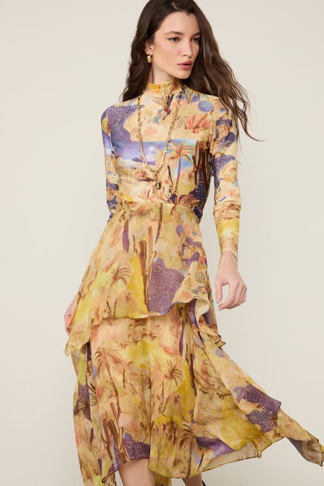 Vestido Midi Manga Longa Estampado Est Paisagem Oasis Color - 42