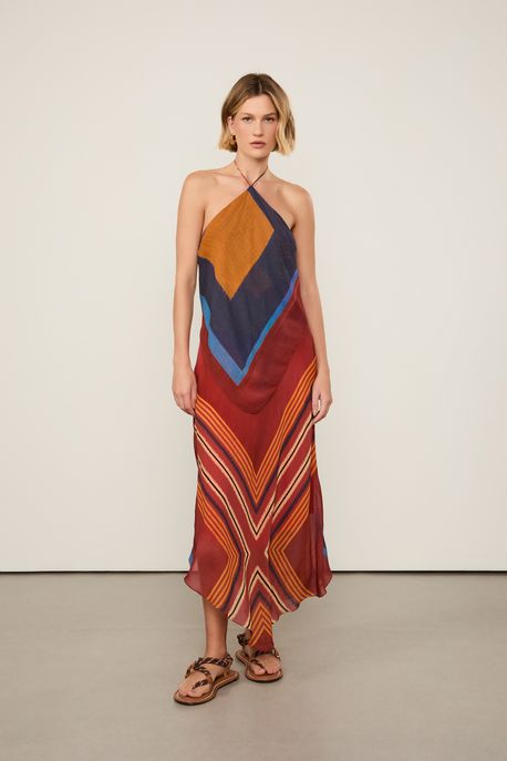 Vestido De Georgette Leve Midi Frente Única Estampado Est Lenco Quadri Nautico - 40