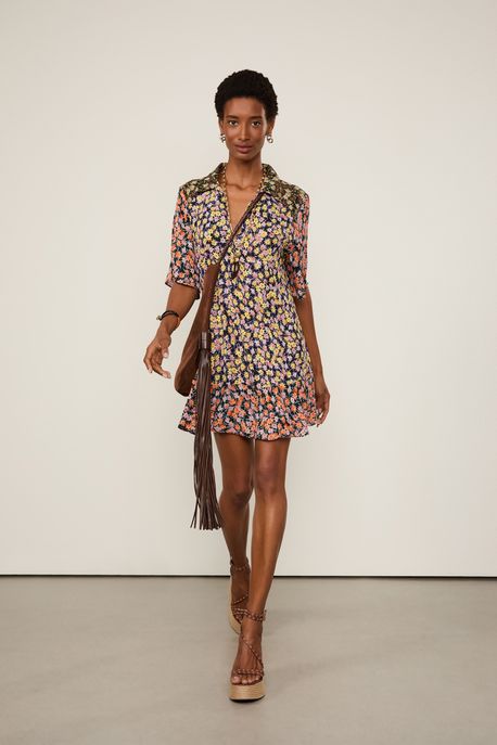 Vestido De Georgette Pesado Curto Decote v Estampado Est Liberty Arte Color - 42