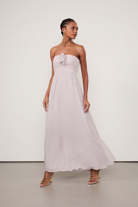 Vestido De Georgette Leve Longo Lilás Flor Aplicada Lilas Rain - 36