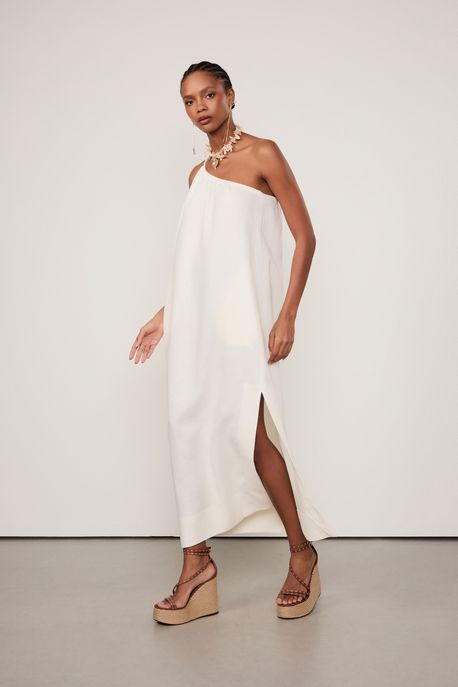 Vestido De Linho Midi Reto Um Ombro Só Off White - 40