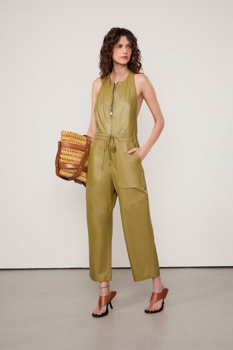 Macacão De Couro Com Ziper Frontal Verde Moss - 40