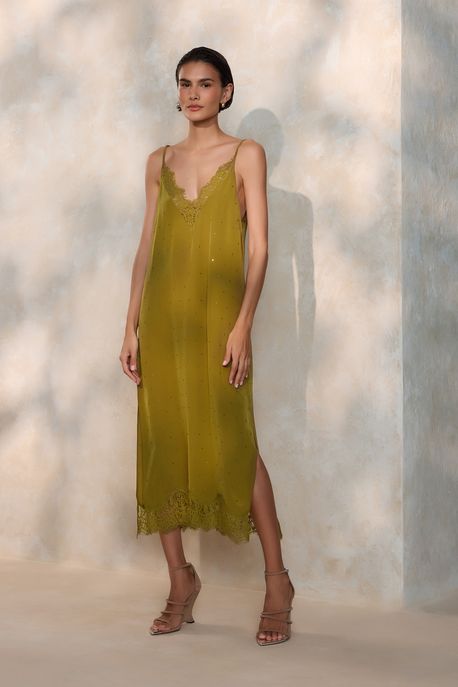 Vestido De Seda Midi Slip Com Strass e Renda Verde Moss Verde Moss - 42