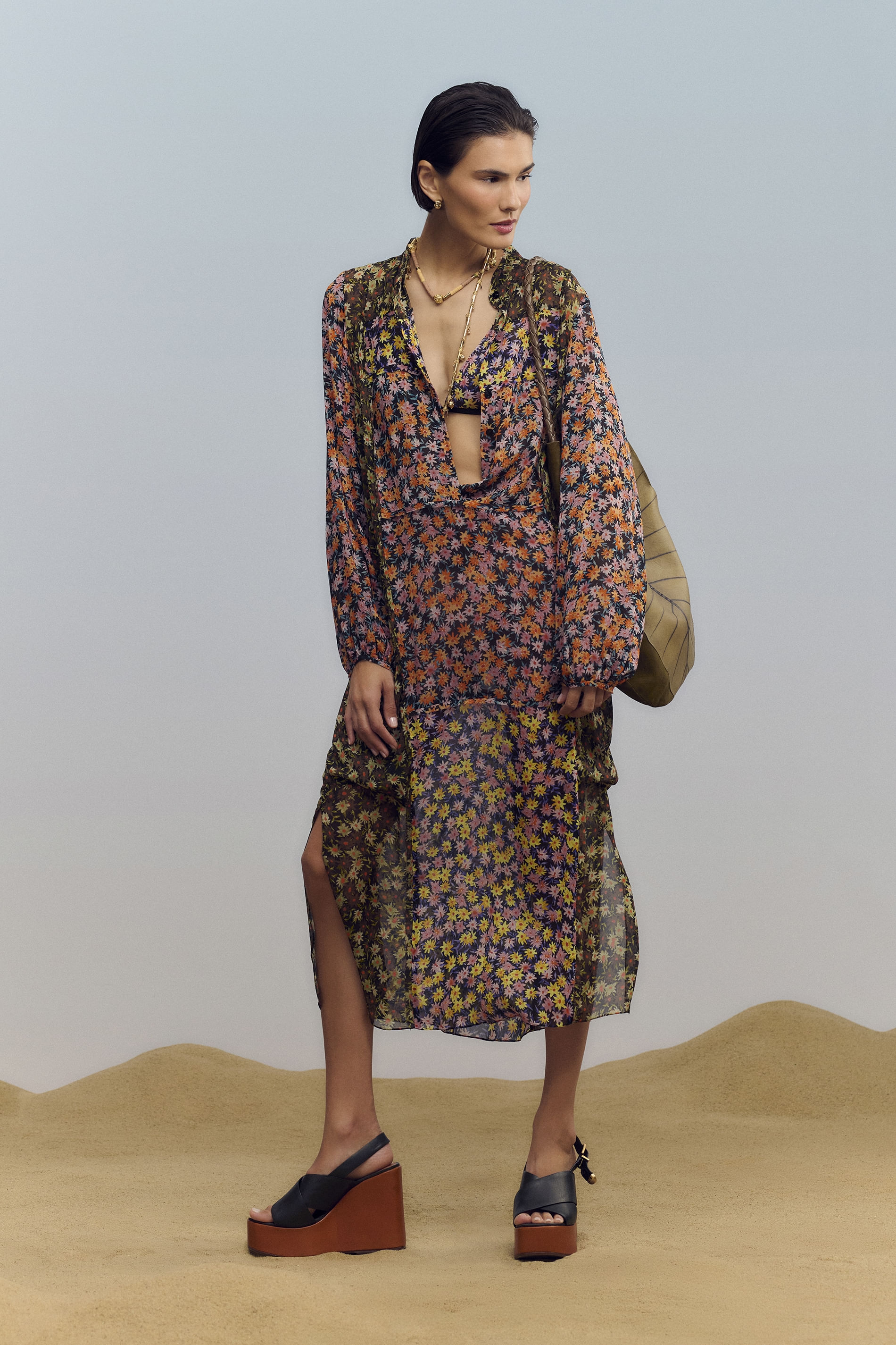 Vestido De Georgette Leve Midi Manga Longa Estampado