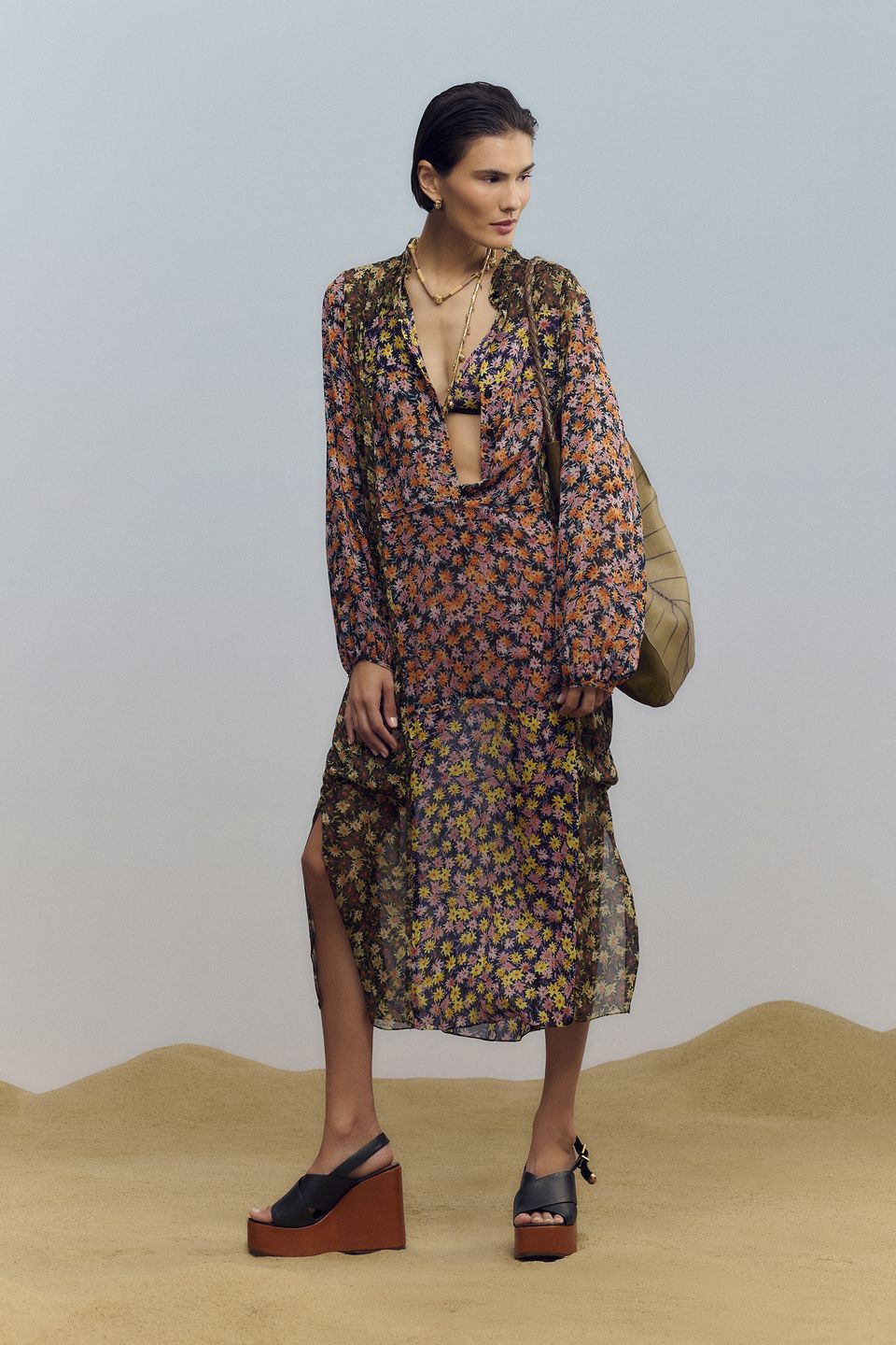 Vestido de Georgette Leve Midi Manga Longa Estampado