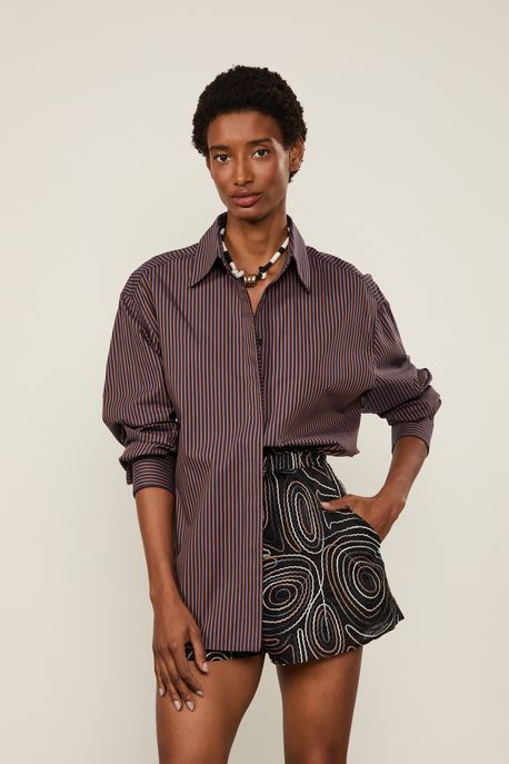 Short De Georgette Amplo Com Bordado Preto Preto - G