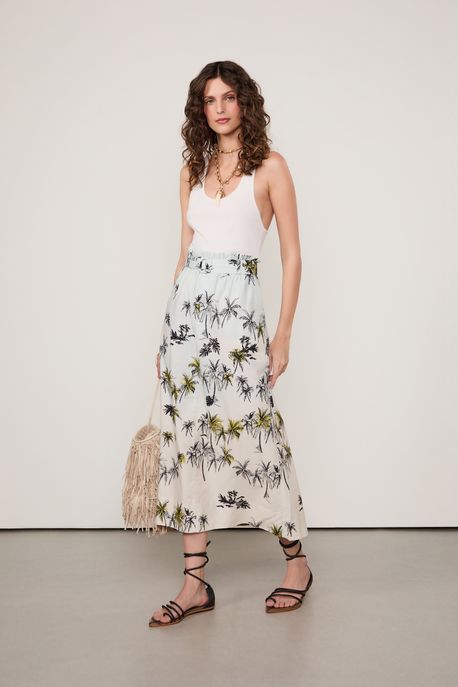 Saia Midi De Algodão Com Bolsos Estampada Est Bar Fig Coqueiros Flow e Oasis - 38