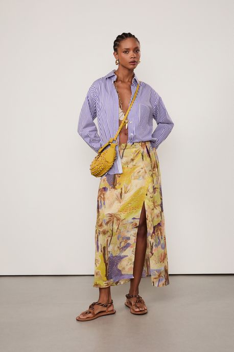 Saia De Georgette Pesado Midi Pareô Estampada Est Paisagem Oasis Color - 36
