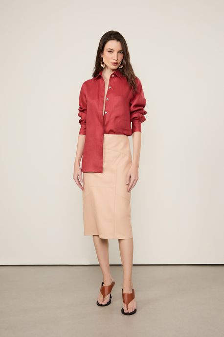 Saia De Couro Midi Reta Pespontos Bege Amendoado - 36