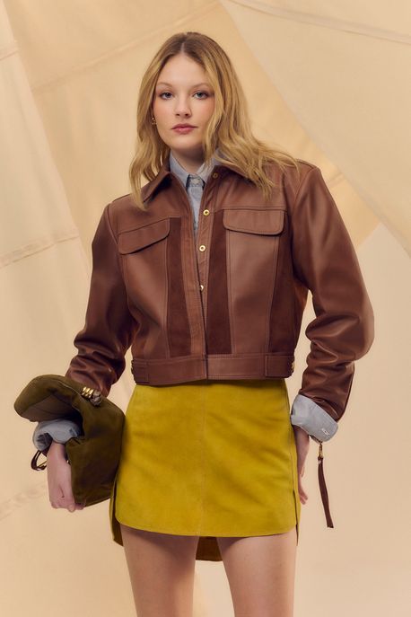 Saia De Chamois Curta Pespontada Fraldada Amarelo Sulphur - 36