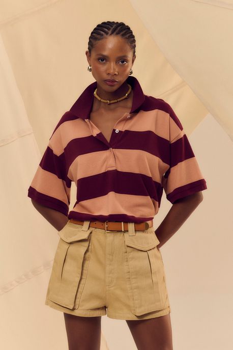 Blusa Polo Oversize Fio Tinto Vinho / Rosa - M