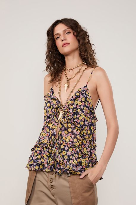 Blusa De Georgette Leve Amarração Estampada De Alça Est Liberty Arte Color - 40