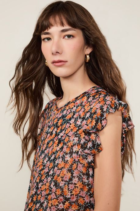 Blusa De Georgette Leve Babados Estampada Est Liberty Arte Laranja e Rosa - 36