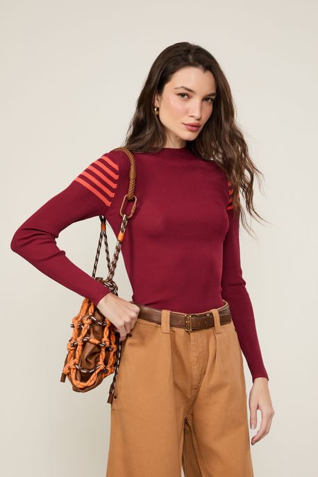 Blusa De Tricot Manga Longa Com Listras Ombro Marrom Taipas/ Coral Art - P