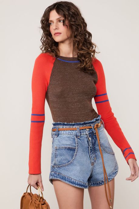 Blusa De Tricot Manga Longa Listrado Assimétrico Marrom Cacau/ Coral Arte/ Azul Cannes - GG