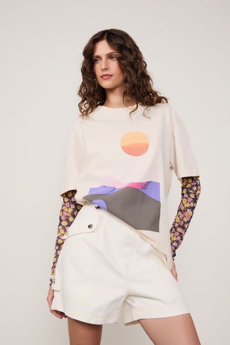 T-Shirt De Malha Paisagem Bege Baia - G