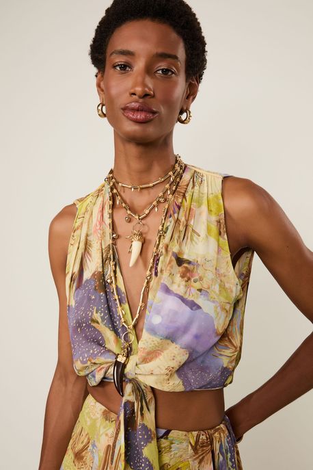 Top De Georgette Pesado Amarração Estampado Sem Manga Est Paisagem Oasis Color - 44