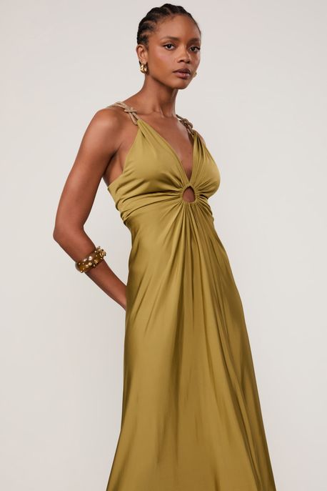 Vestido Jersey Midi Alça Miçanga Verde Moss - P