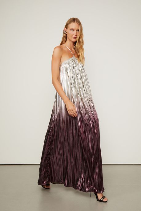Vestido Plissado Longo Ombrê Alça Cruzada Costas Roxo/Prata - 42