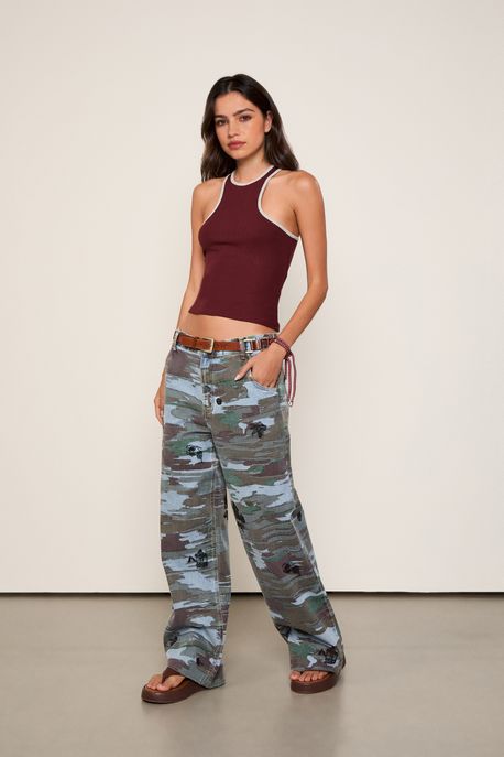 Calça Jeans Wide Leg Estampa Camuflado Jeans Medio - 42