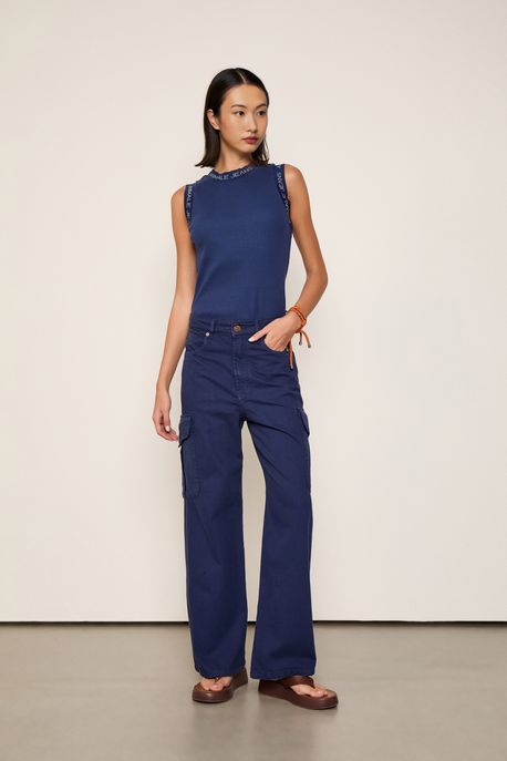 Calça Sarja Cintura No Lugar Utilitário Azul Navy - 38