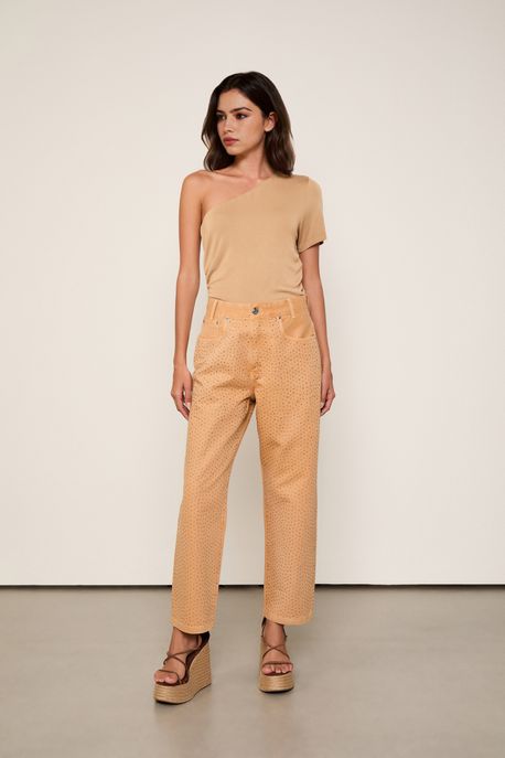 Calça Sarja Reta Rock Cristais Marrom Palha - 34