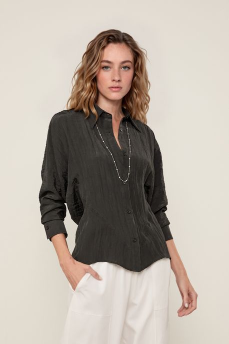 Camisa De Cetim Recorte Ajustado Preto - P