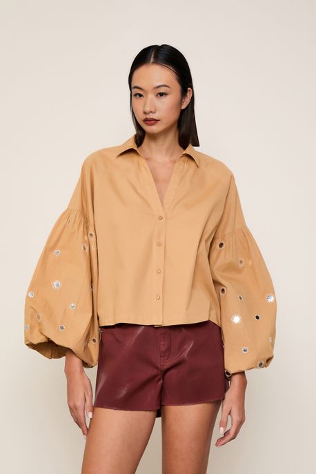 Camisa De Tricoline Bordada Marrom Palha - P