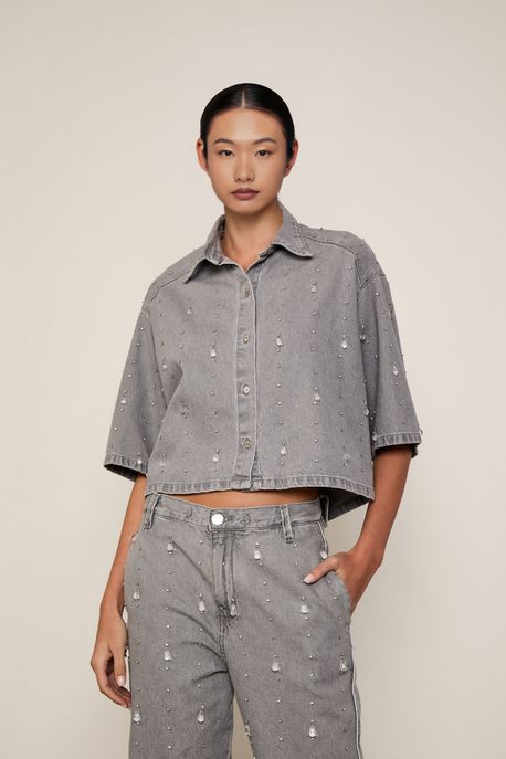 Camisa Jeans Cropped Over Com Cristais Jeans Black Claro - P